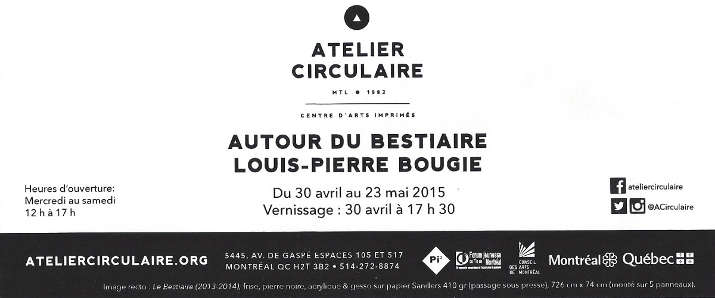 Invitation à l'Atelier circule pour l'exposition Autour du bestiaire de Louis-Pierre Bougie